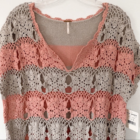 NWT Free People Pink & Grey Striped Crochet Silk Blend Swimsuit Coverup Dress - Picture 3 of 11